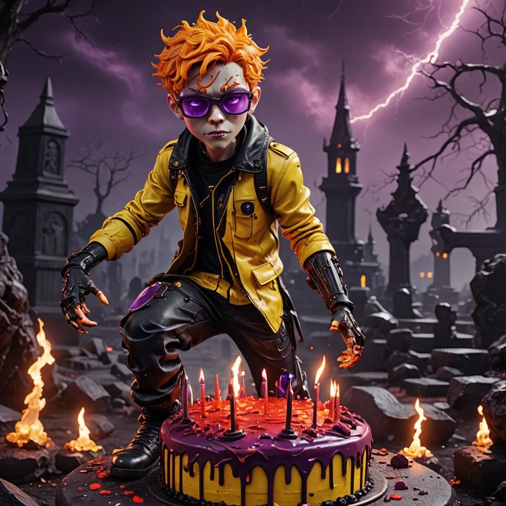 Eerie Cemetery Scene with Boy and Blood Moon