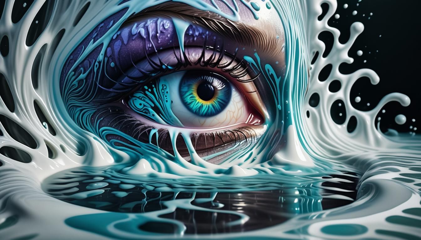 large crying eye creating a waterfall of milk, virus, detail...