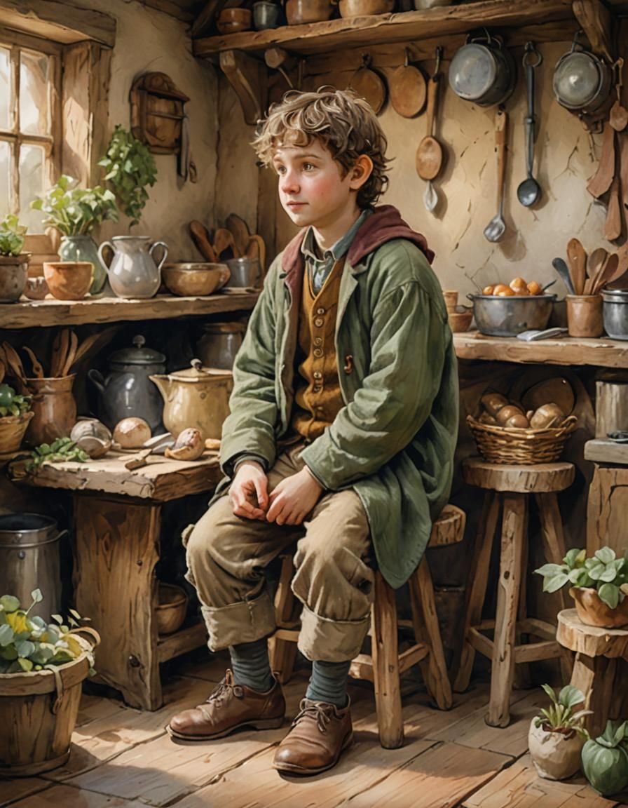 Cozy Hobbit Kitchen Scene in Fantasy Illustration Style