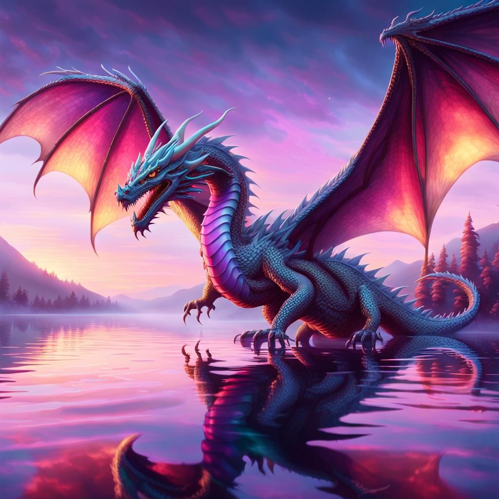 Platinum Dragon Over Serene Lake in Digital Art