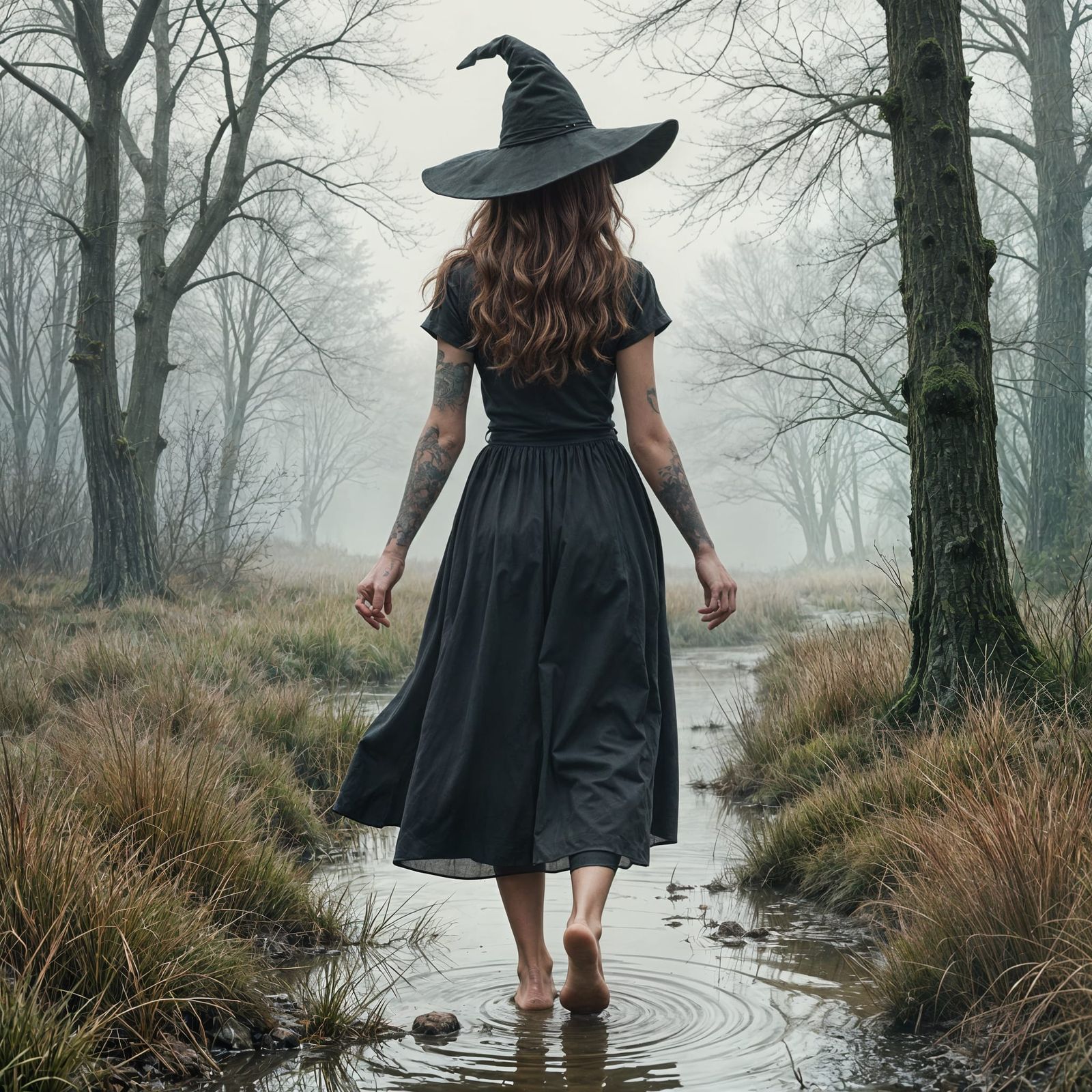 A Dark Fantasy Witch Walks Through a Mystical Marsh