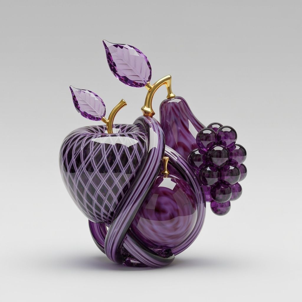 Photorealistic Glass Fruit Sculpture with Purple Accents