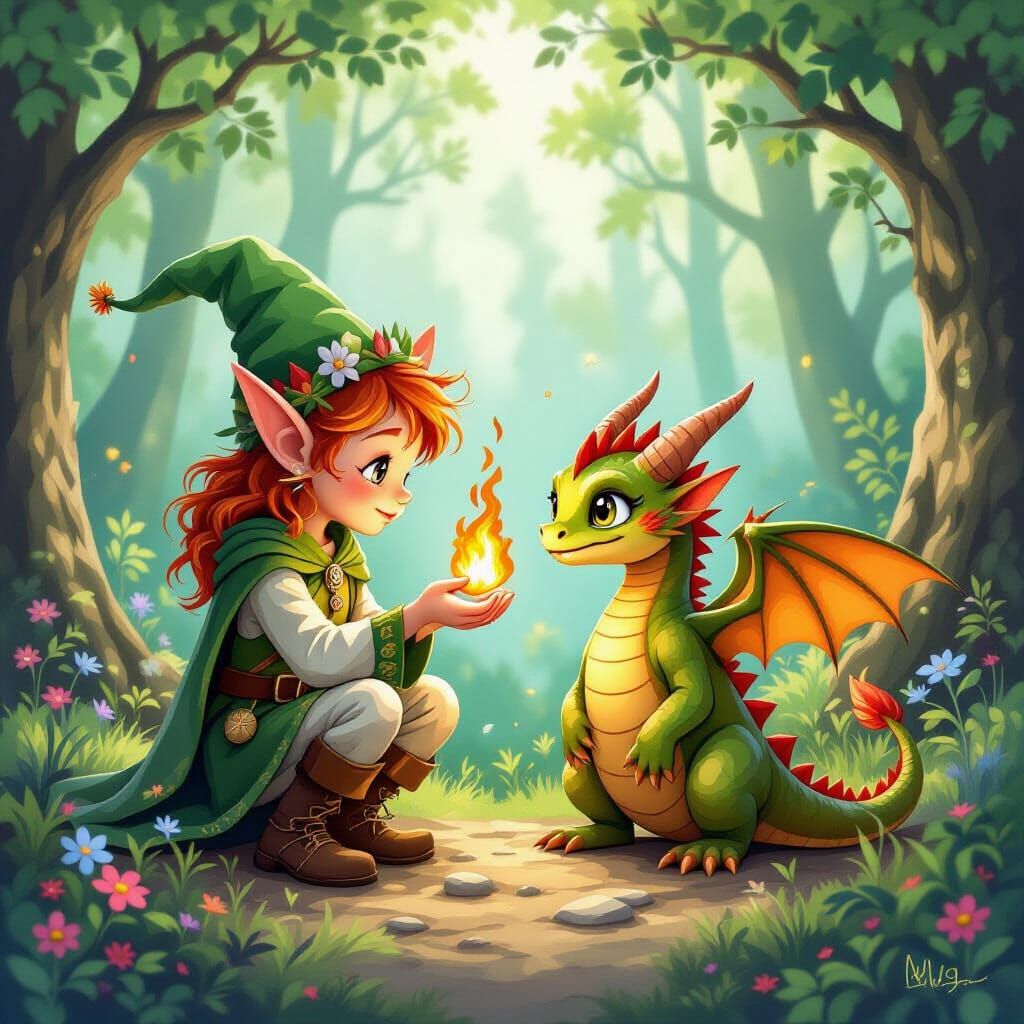 Elf Teaches Dragon Fire Breathing: Whimsical Fantasy Art