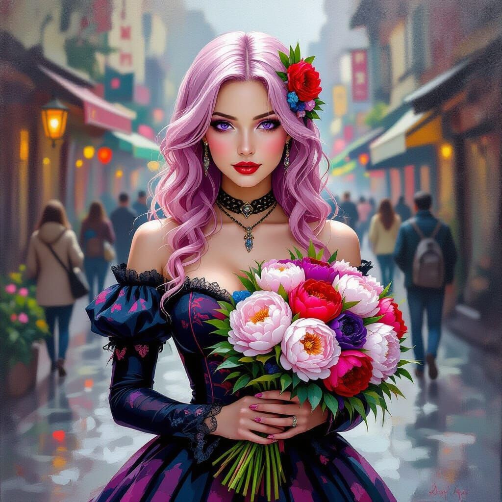 Gothic Woman with Peonies in Neo-Impressionist Festival