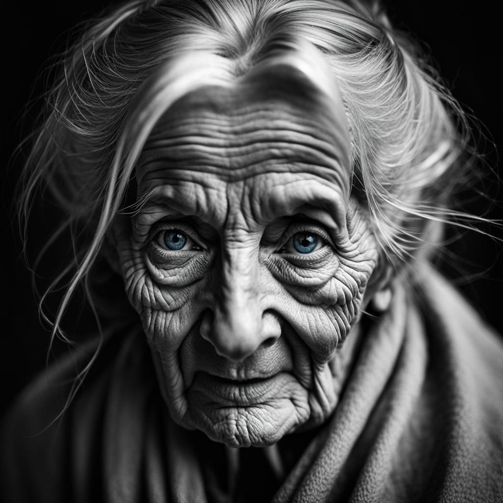 Expressive Portrait of an Old Woman in Black and White