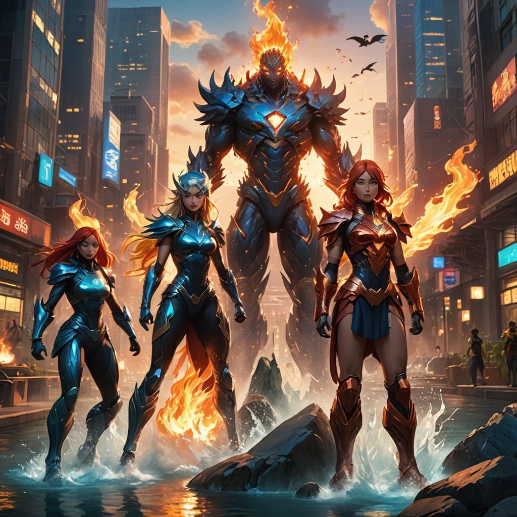 Elemental Superhero Team in Anime-Inspired Metropolis