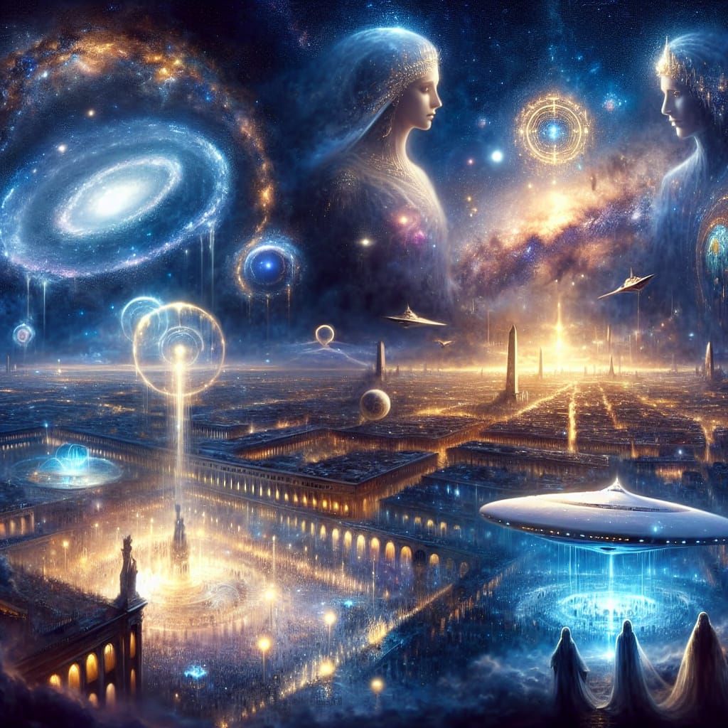 Ashtar and Mira gaze afar
Crystal bridge beneath the stars
White mothership in cosmic dance
Galactic glow a mystic tranc...