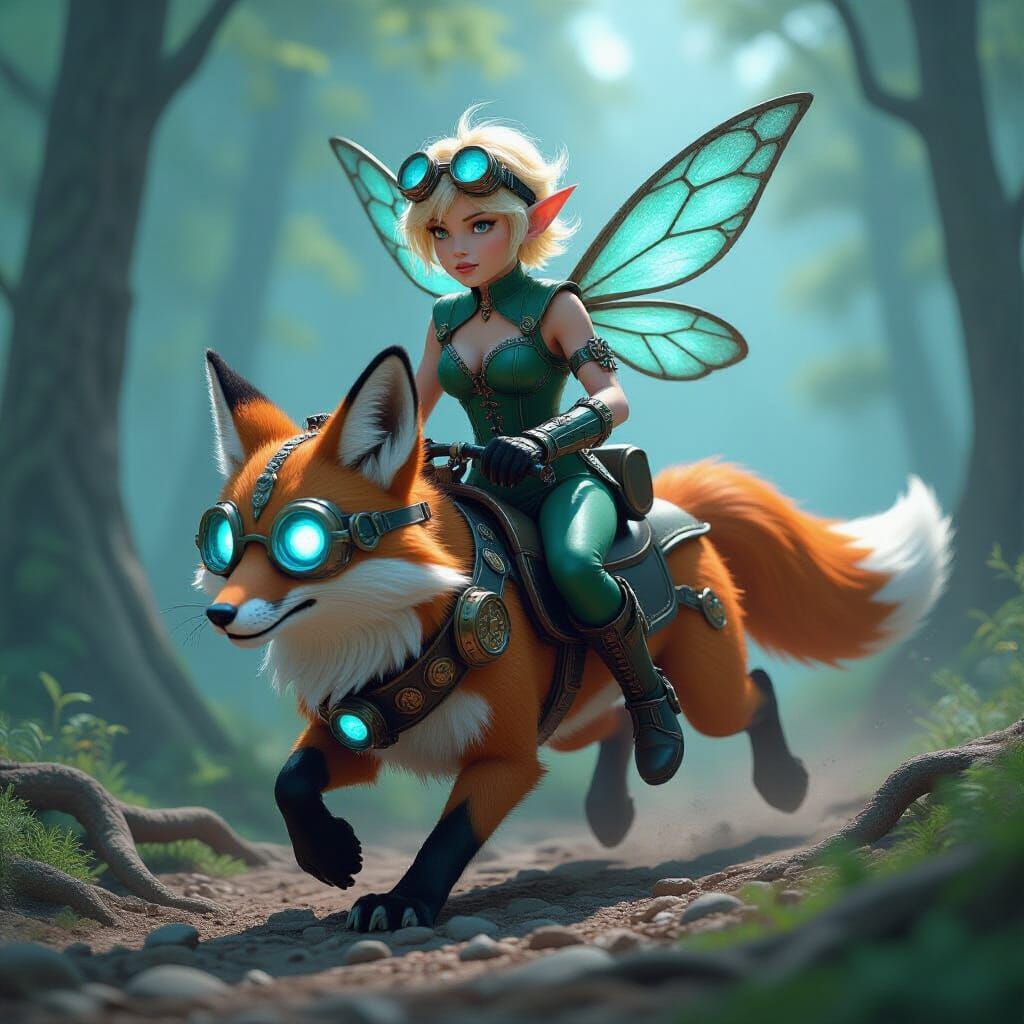 Steampunk Fairy Rides Armored Fox in Misty Forest