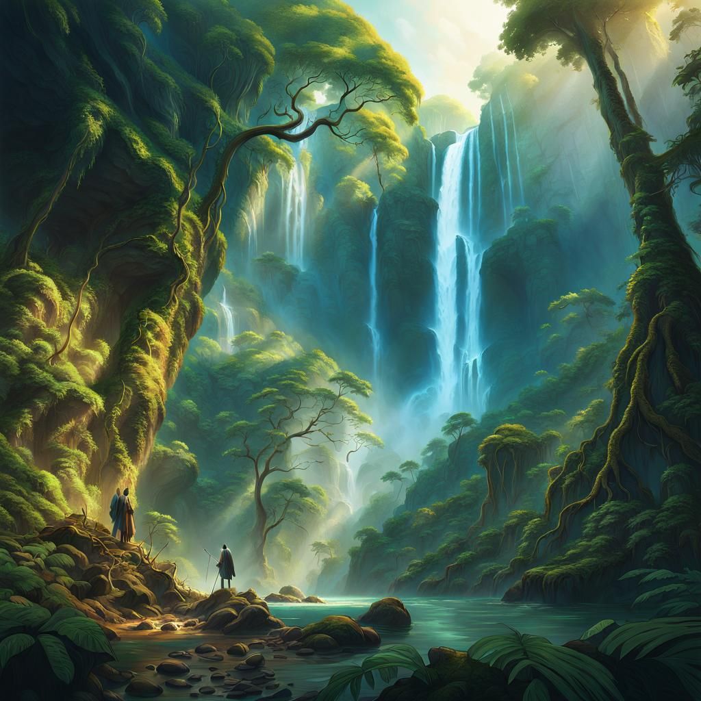 Majestic Jungle Waterfalls in Epic Fantasy Art