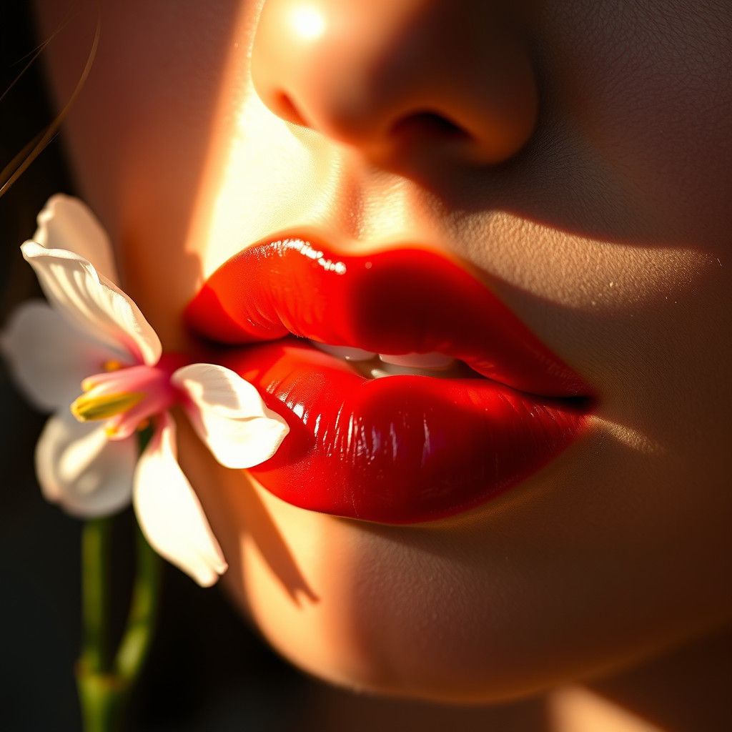 Red Lips with Flower in Dreamy Soft Focus