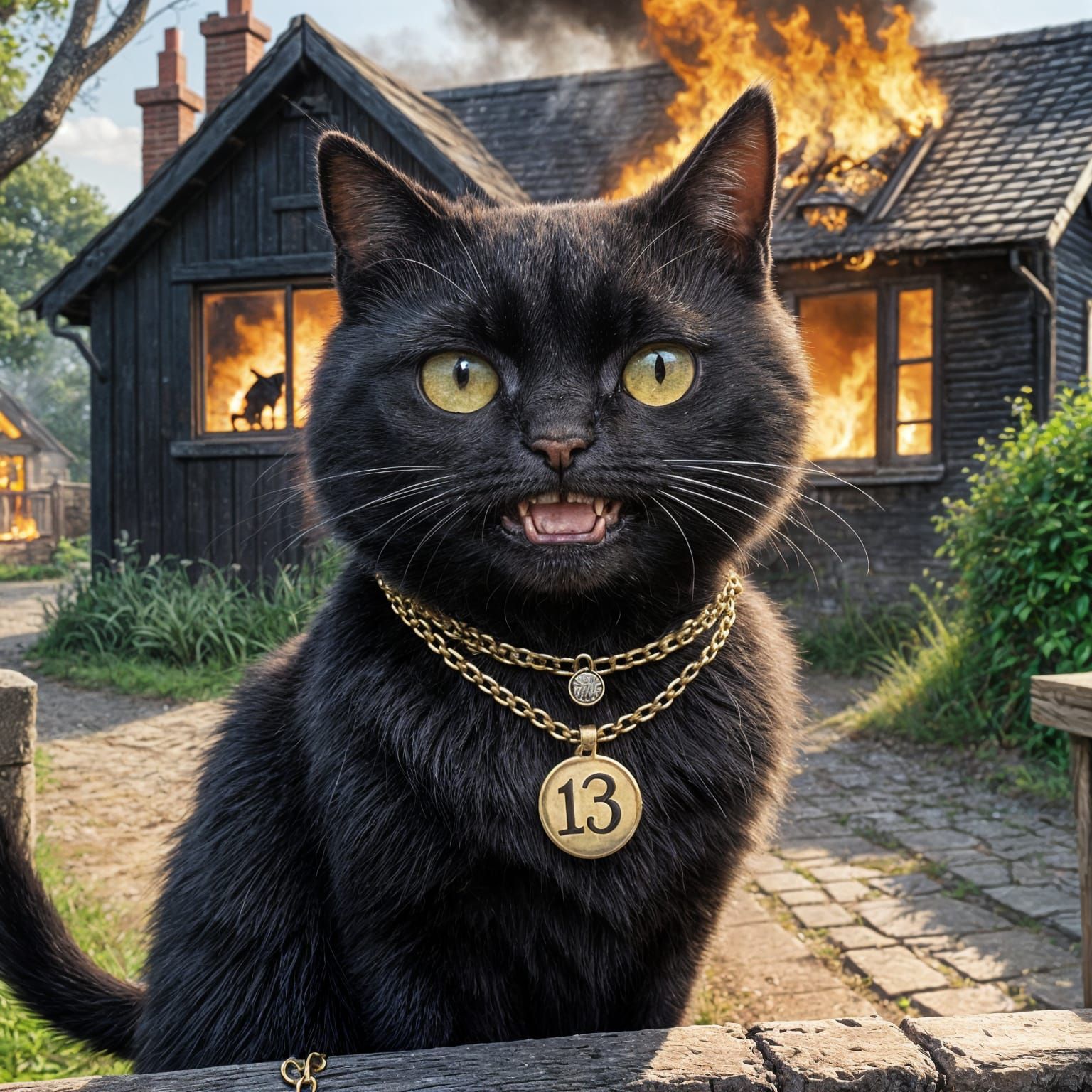 An black cat, grinning smugly. With a necklace that reads '1...