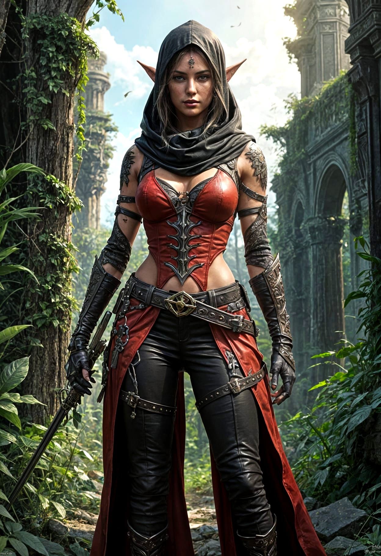 Elven Rogue in Red Leather with Dagger