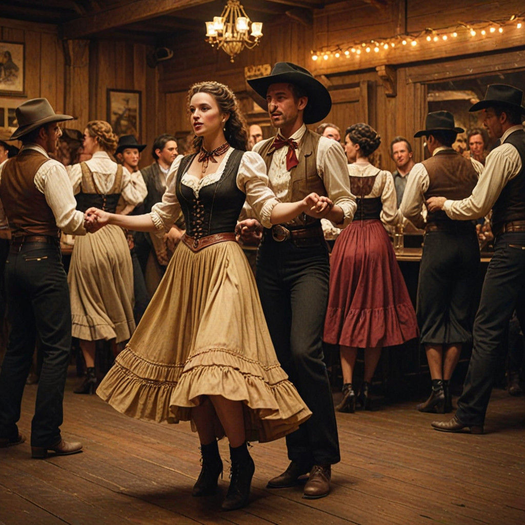 Lively Dance Hall Scene in a Bustling 1800s Saloon