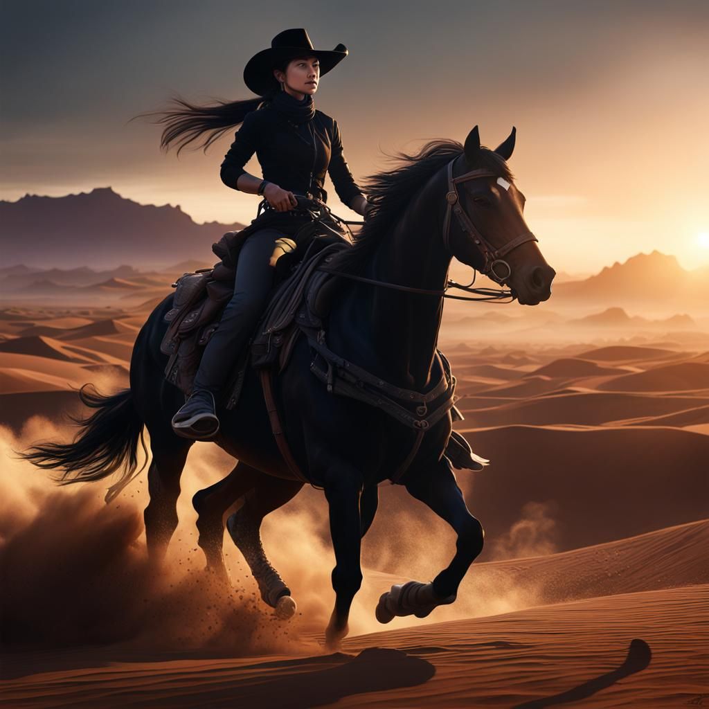 Korean cowgirl dressed all in black, pants, hat, boots, on d...