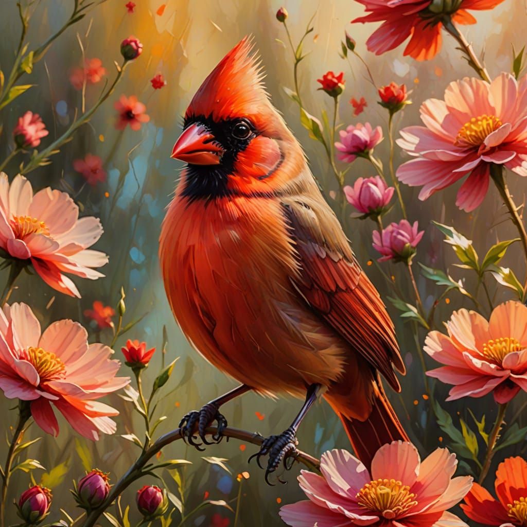 Cardinal and Anemones: Impressionist Oil Painting