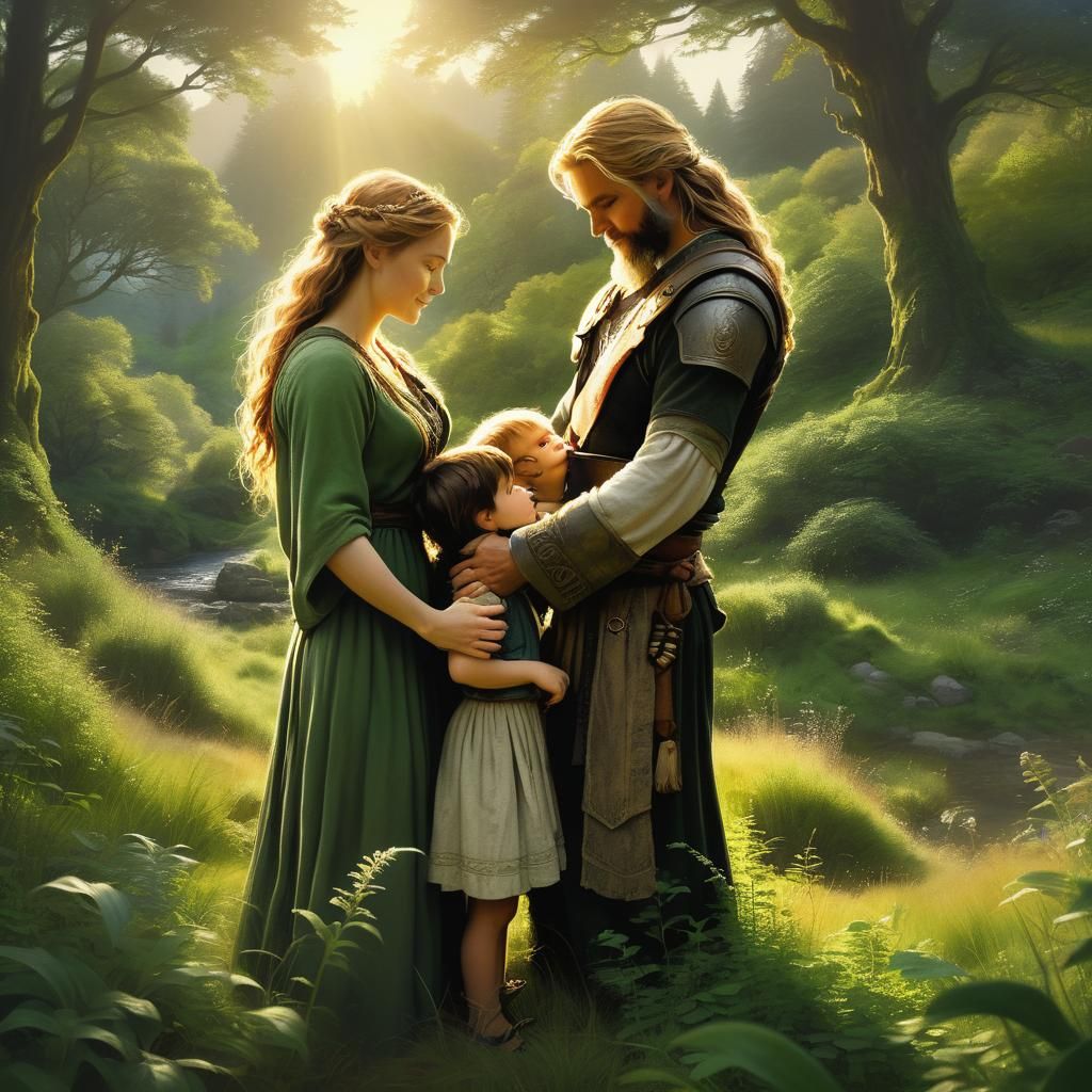 Lugh and Erin Embrace in Golden Landscape