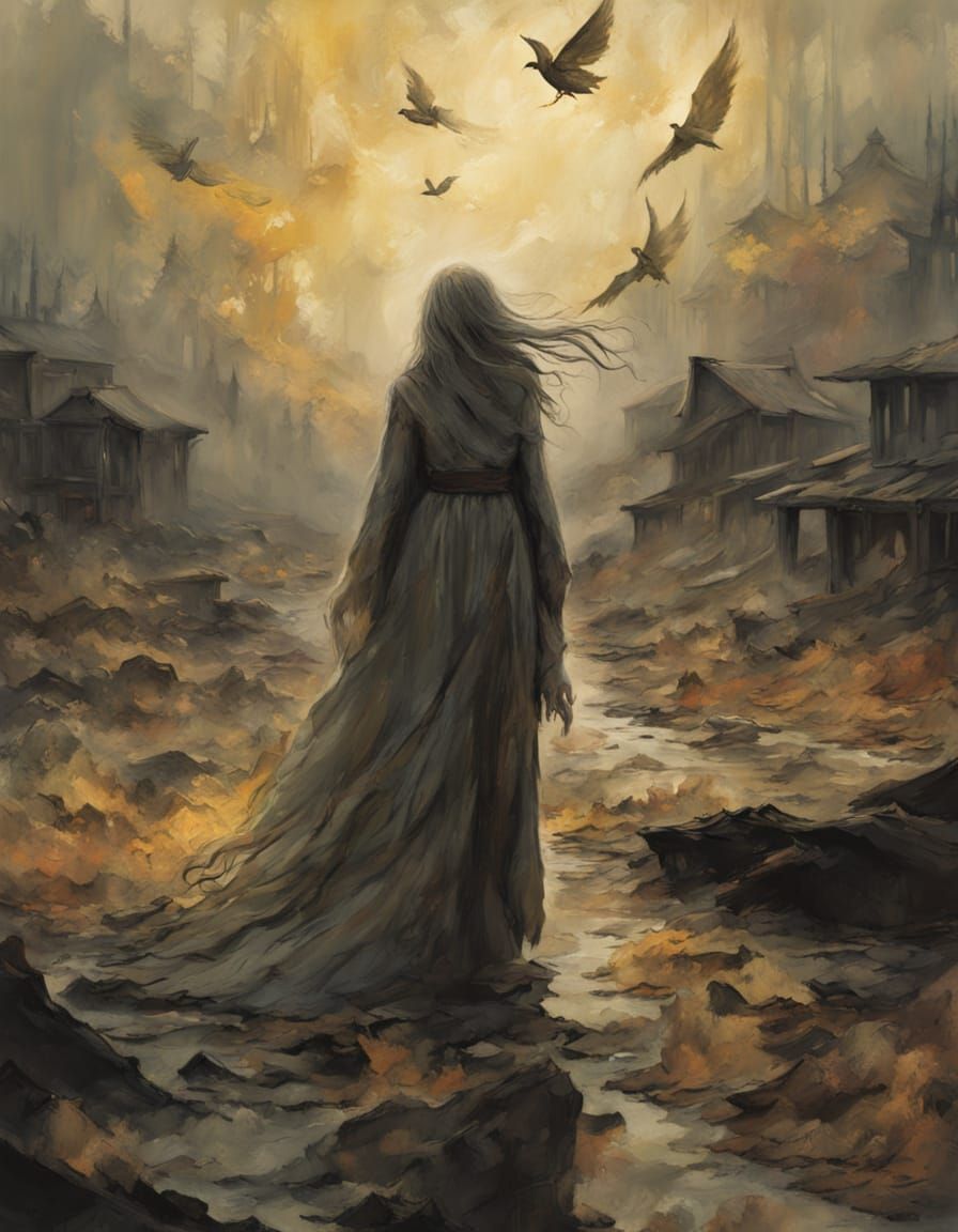 Surreal Gouache Painting of a Ghostly Woman in Whirling Derv...