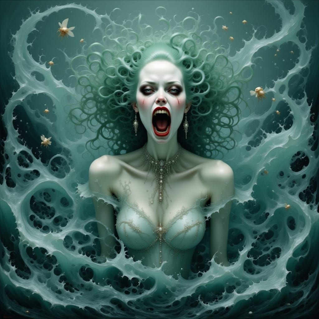 Siren Screaming with Shark Teeth in Stormy Waves