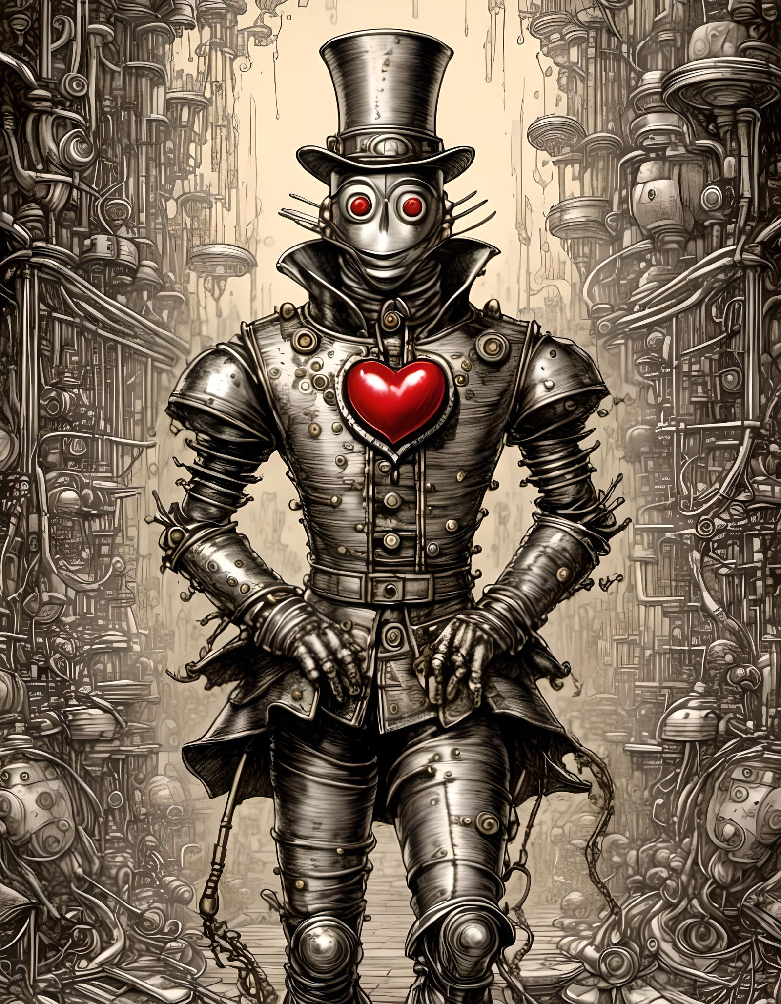 Steampunk Tin Man with Red Heart Graphic Novel Style