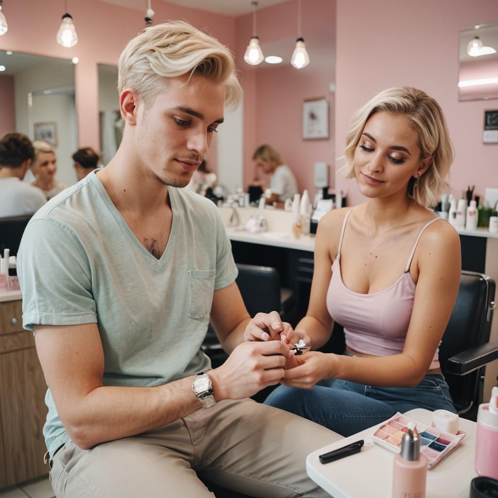 Young Man Having Nails Painted in Beauty Salon