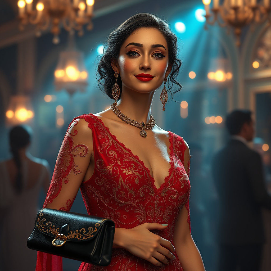 Elegant Woman in Red and Gold Dress at Party