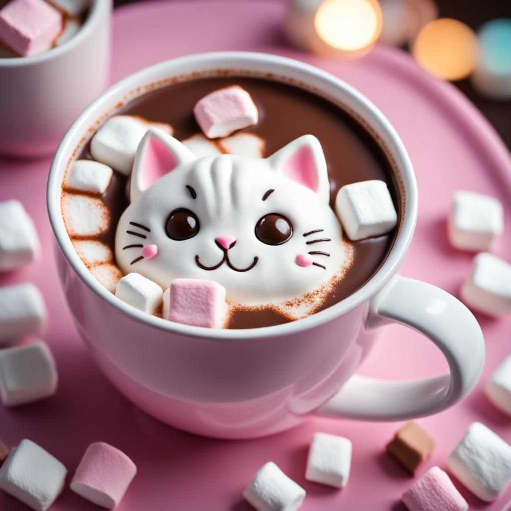 Marshmallow cat in a mug of Hot chocolate.