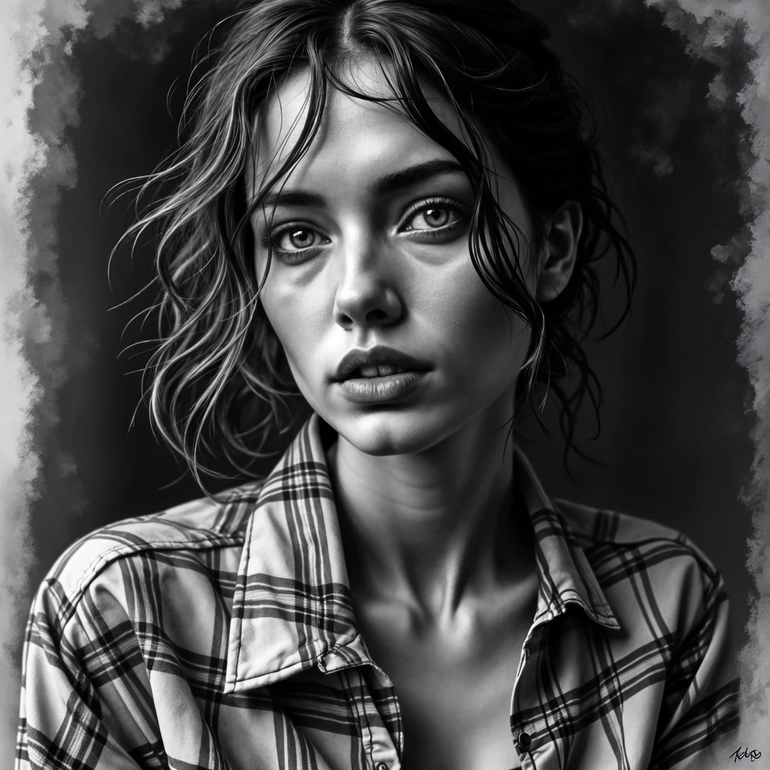 Realistic Ink Portrait of a Woman in a Flannel Shirt