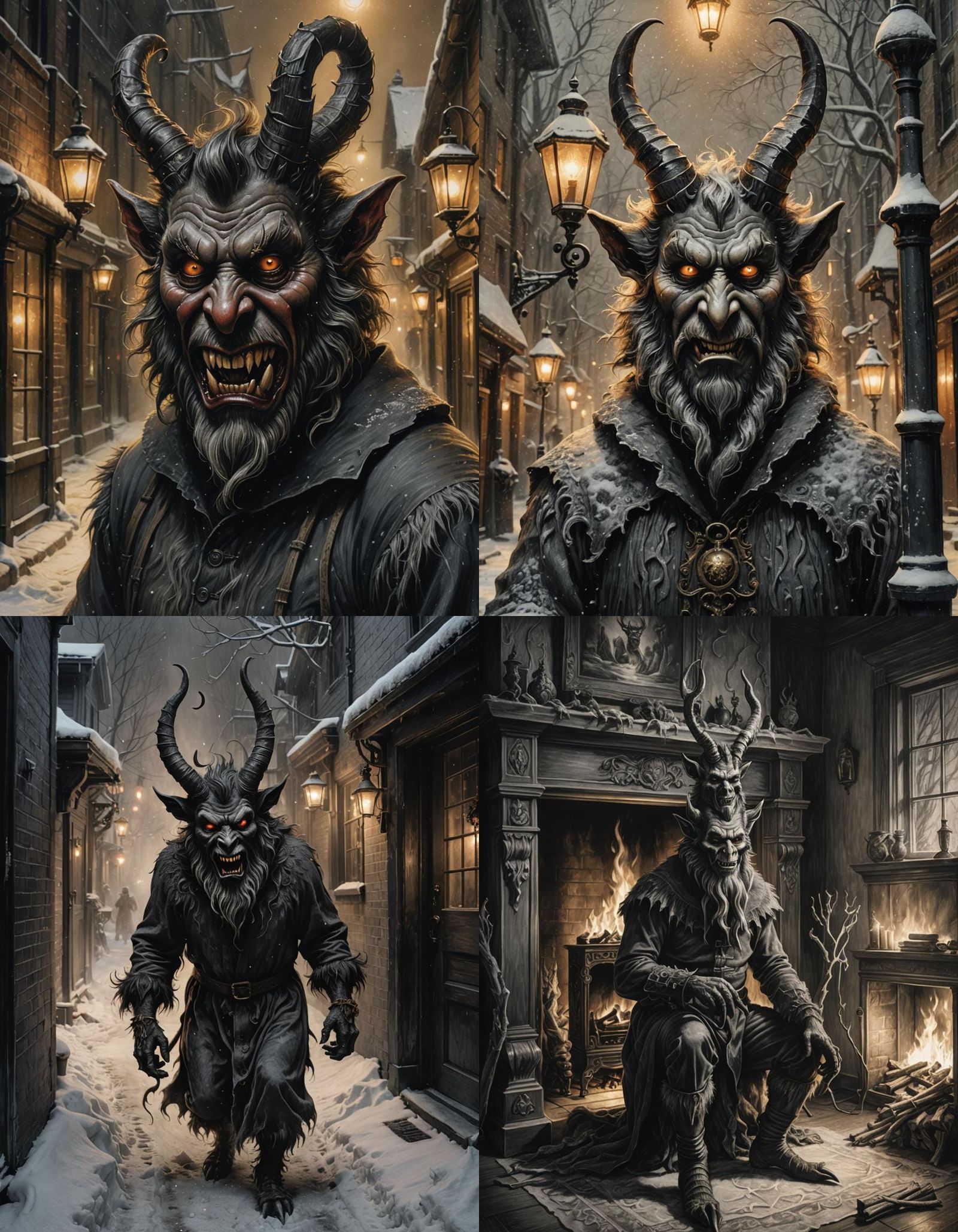A Victorian Christmas Krampus hyperdetailed charcoal drawing
