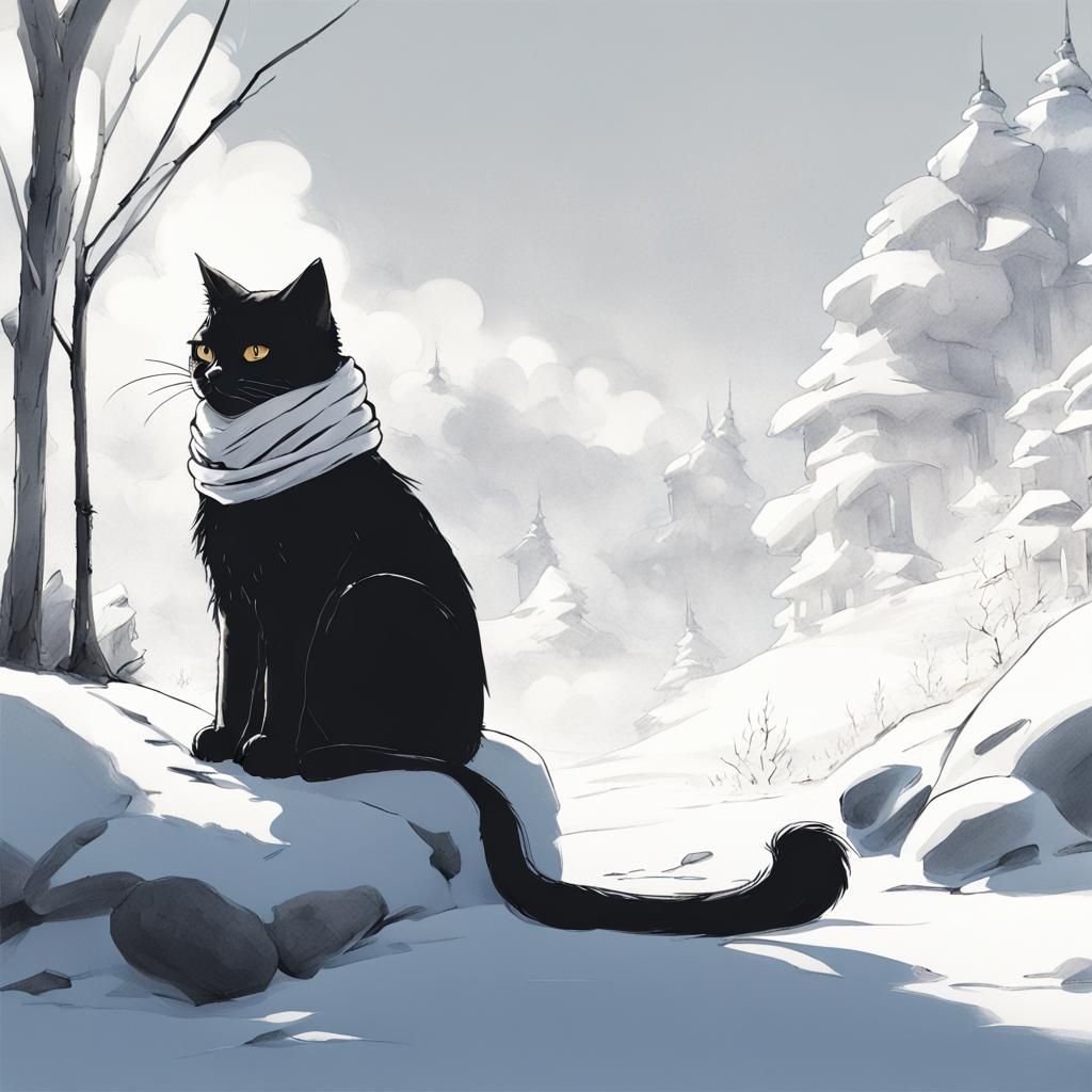 Cat with Scarf and Pipe in Anime Style