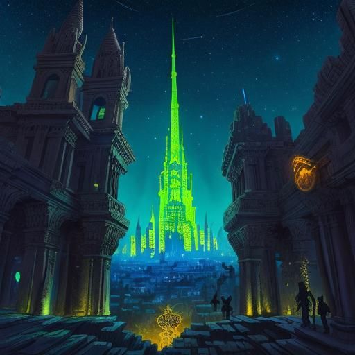 Neon Ancient City with Luminescent Creatures
