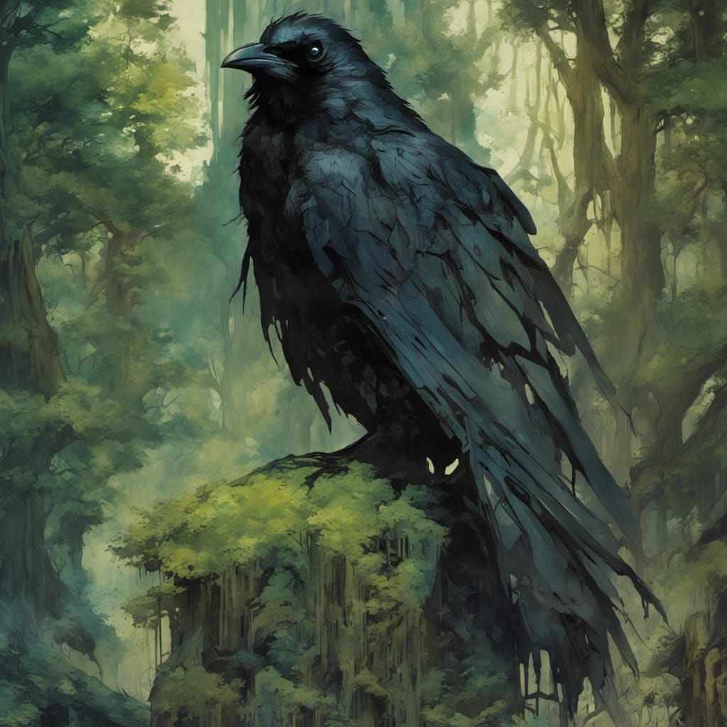 Raven Priestess in Forest: Amano-Inspired Concept Art
