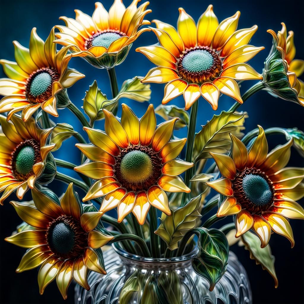 Enameled Glass Sunflower Bouquet: Hyperrealistic HDR Photogr...