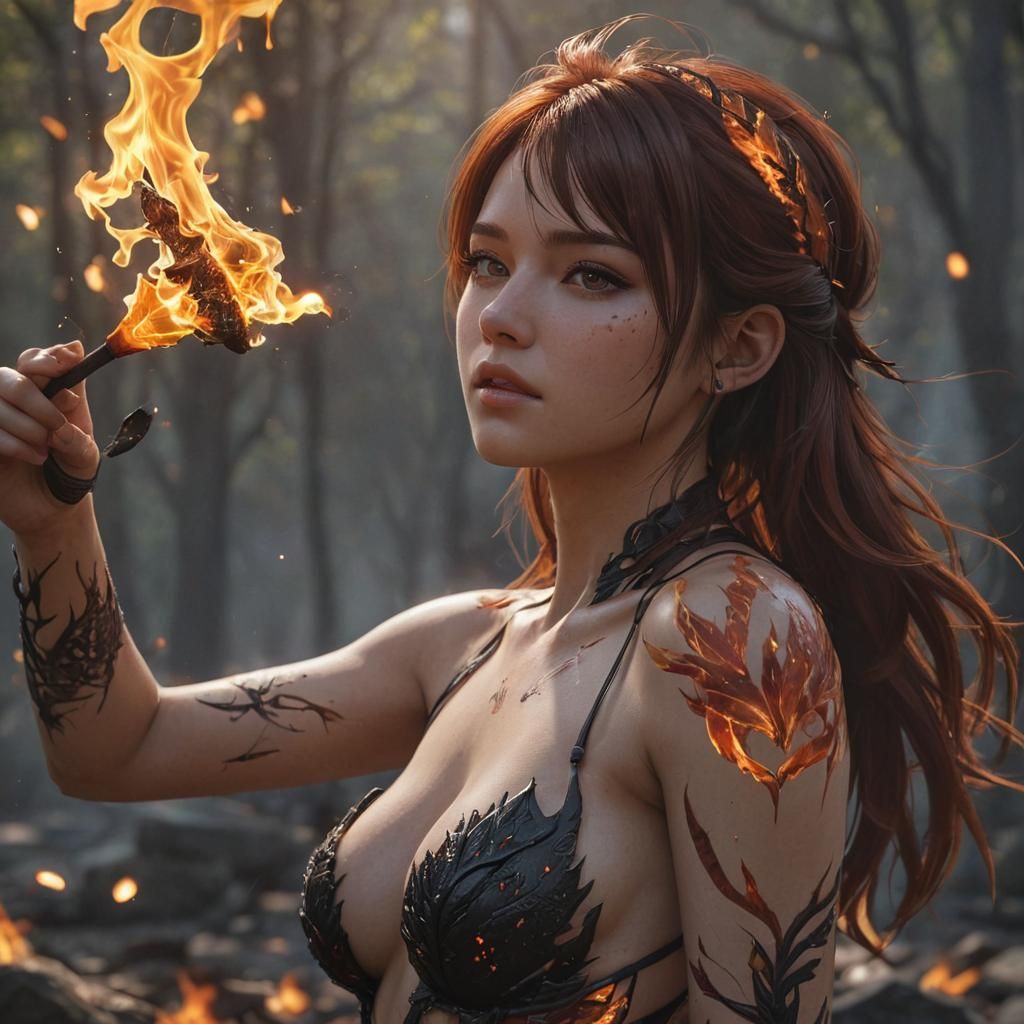 Fiery Nature Girl in Detailed Anime Style