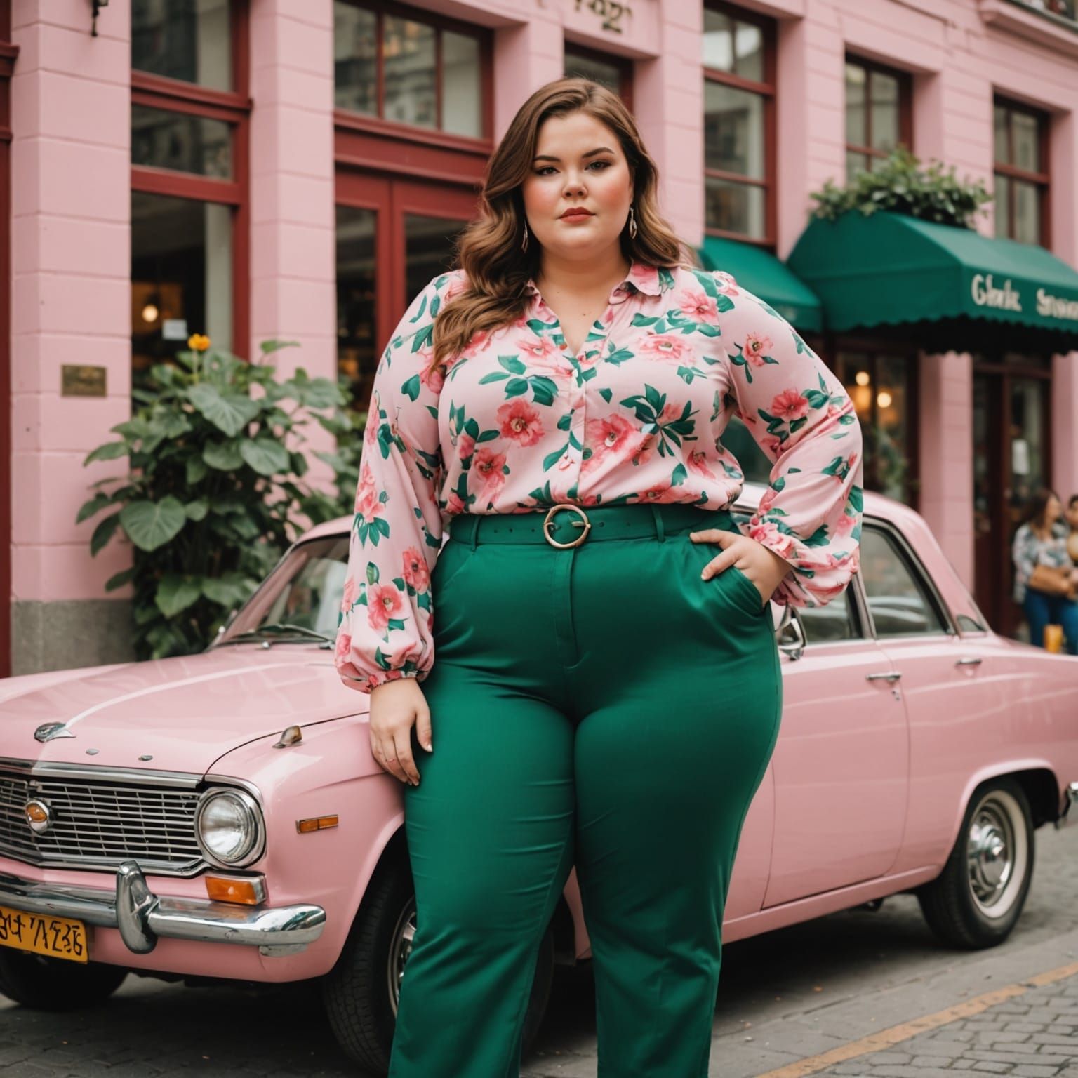 Plus-Size Beauty in Floral Blouse Beside Pink Car