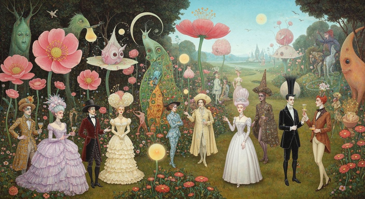 Surreal Garden Party in Dreamlike Landscape