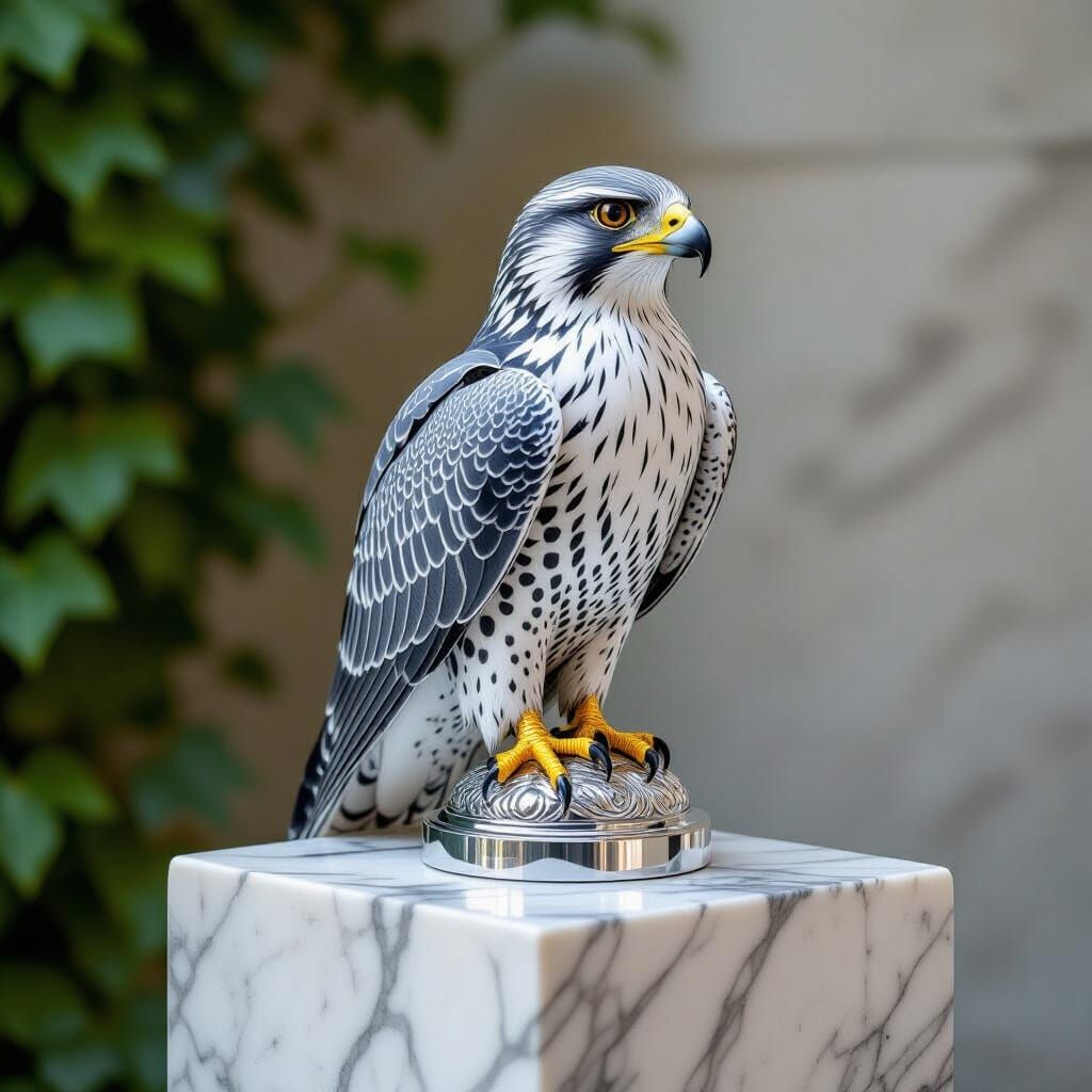 Silver Falcon on Marble Pedestal in Pointillist Style