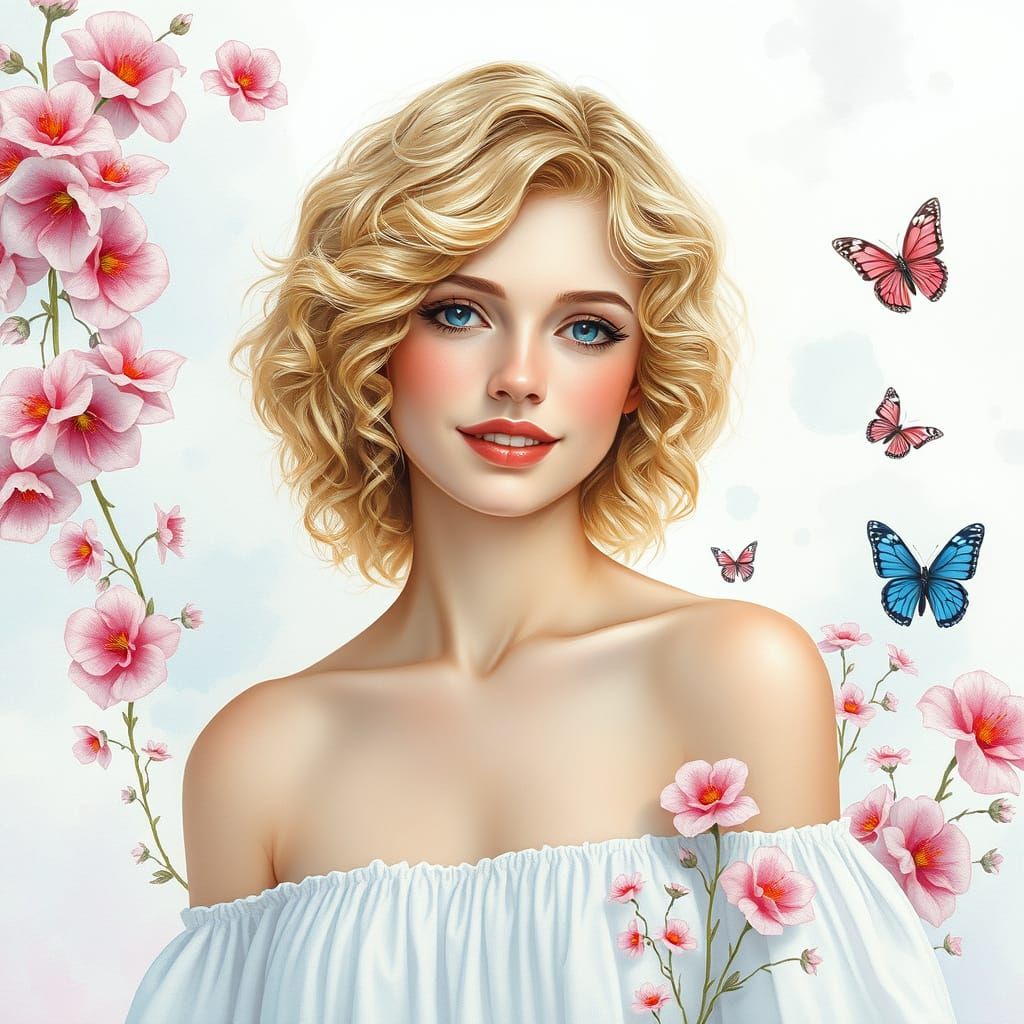 Dreamy Portrait of Woman with Flowers in Watercolor Style