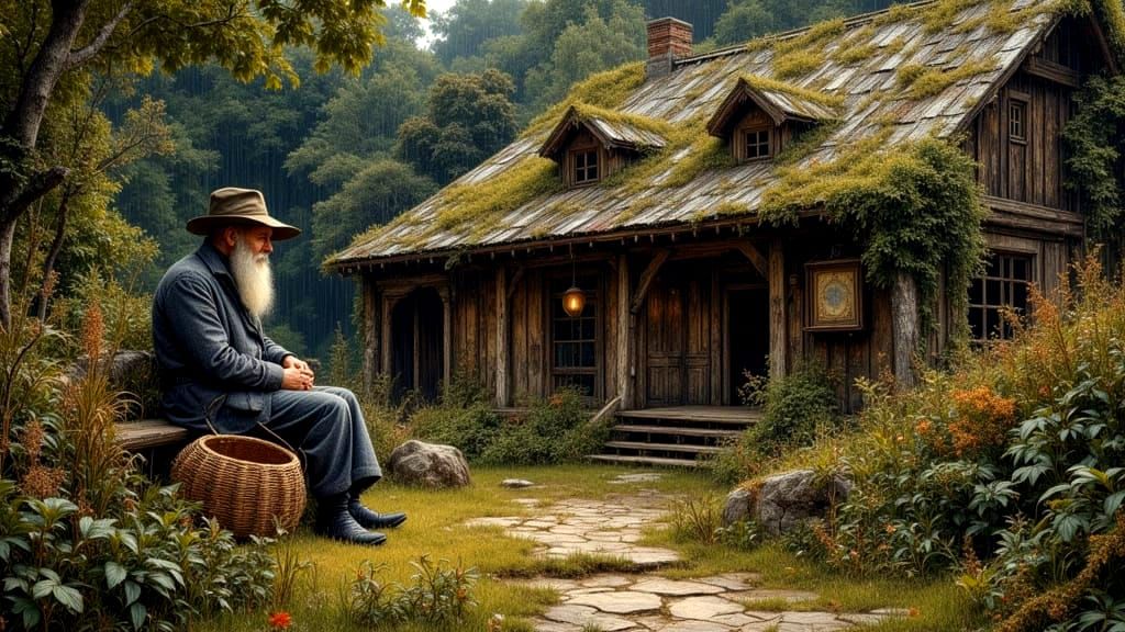Elderly Man in Rustic Cabin Setting Digital Painting
