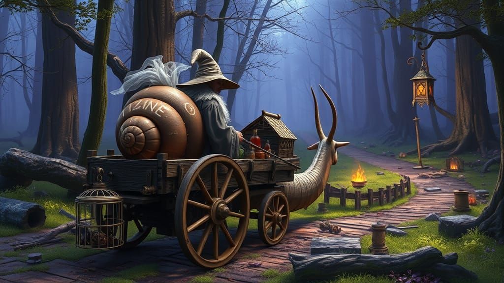Wizard's Snail Cart on Forest Trail: Dark Fantasy Art