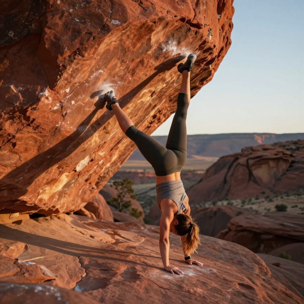 Female Boulderer's Dynamic Dyno Move on Red Rock Roof