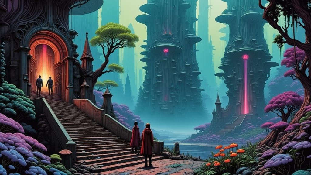 Bioluminescent Jungle Ruins in Art Nouveau Style