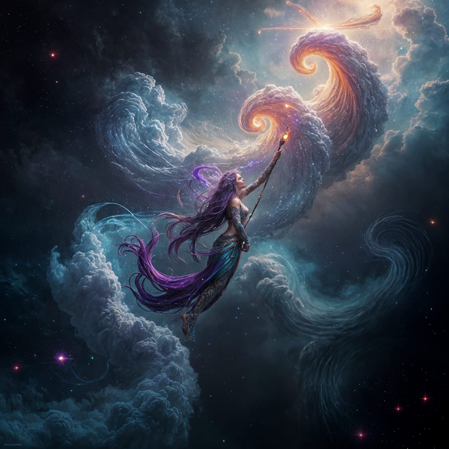 Ethereal Cosmic Deity Rises from Nebula in Vibrant Colors