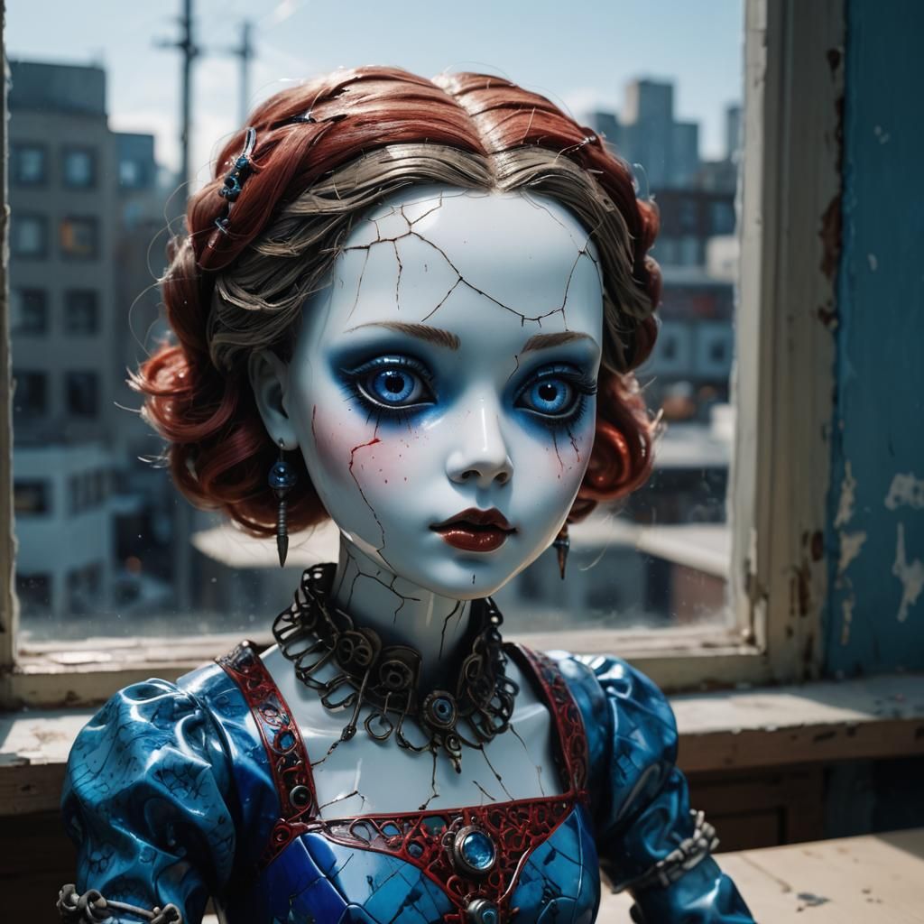 Cyberpunk Porcelain Doll with Cracks