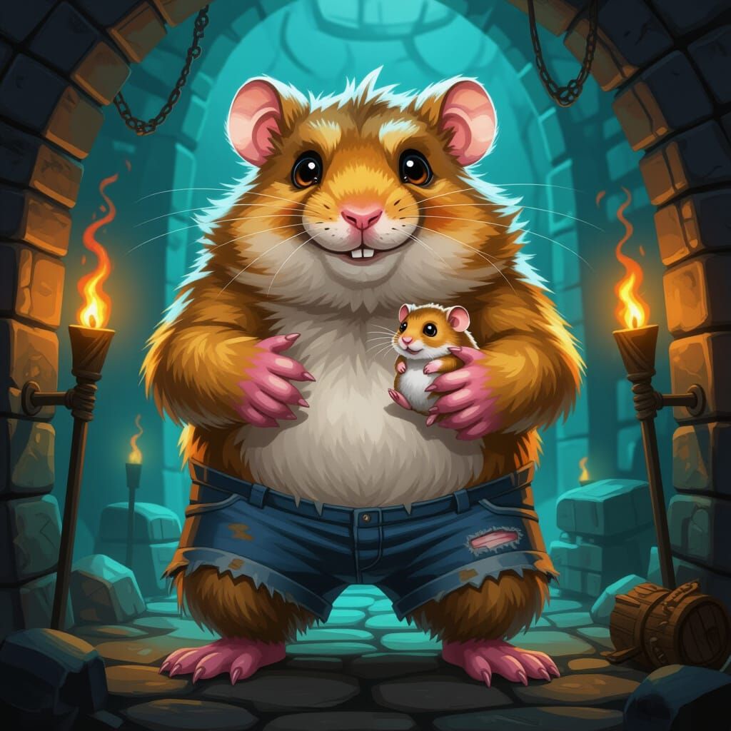 Giant Hamster with Tiny Companion in Torchlit Dungeon