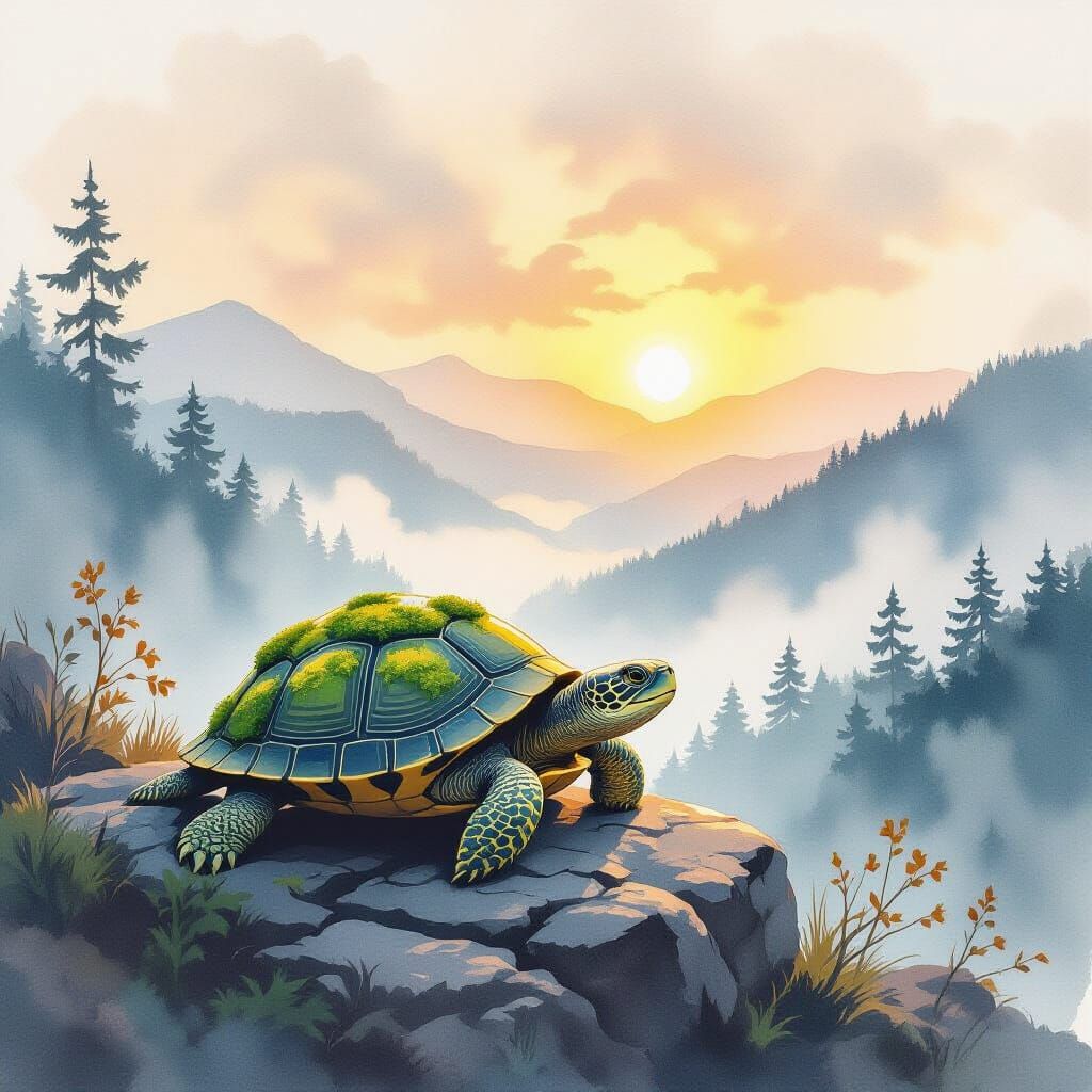 Wise Turtle in Misty Valley: Watercolor Art