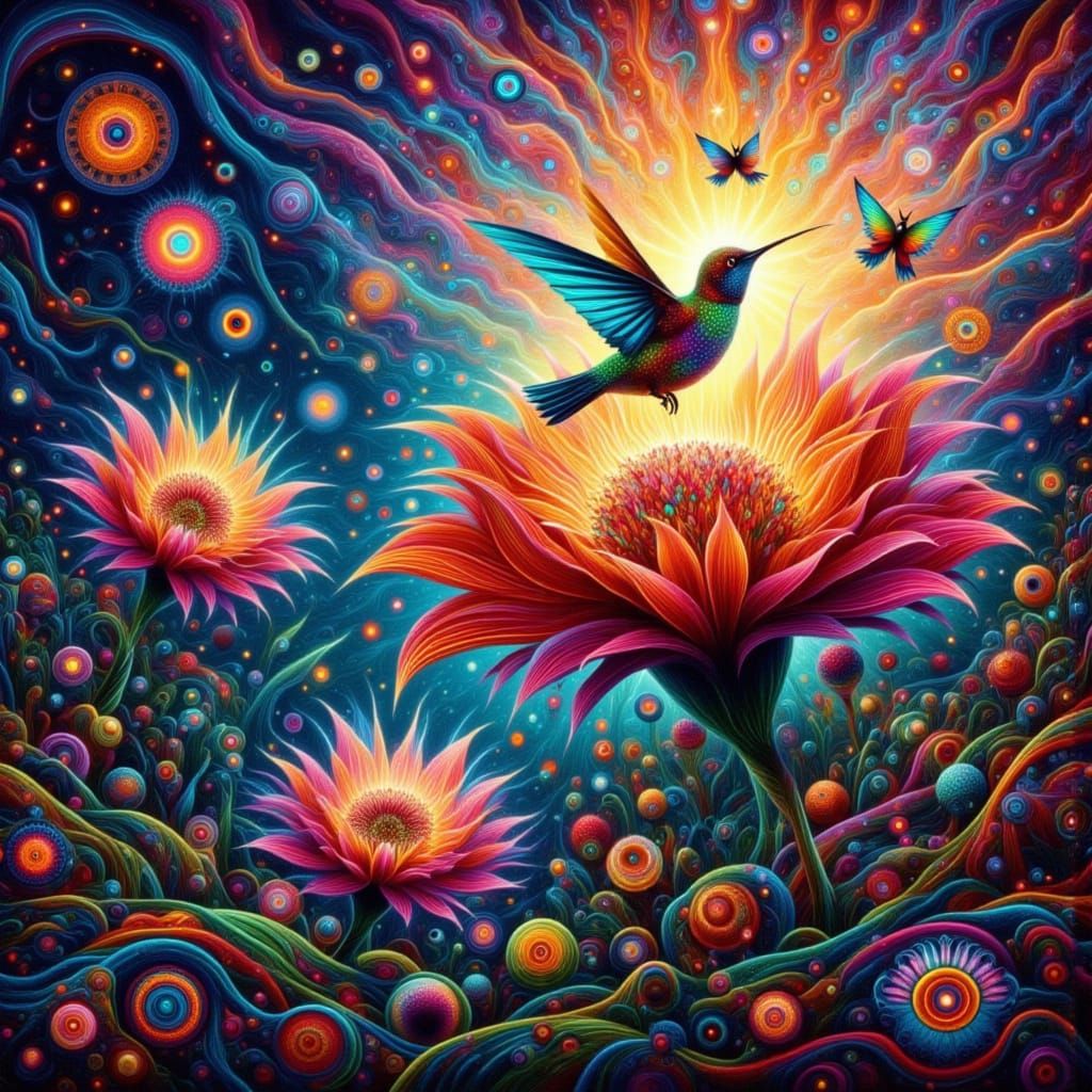 Surreal Hummingbird Sips Nectar from Floating Bloom