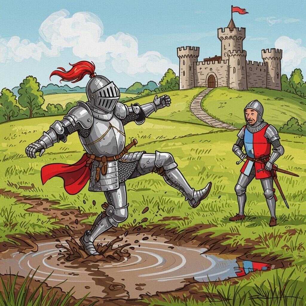 Knight's Comedic Face-Plant: A Humorous Medieval Leap Gone W...