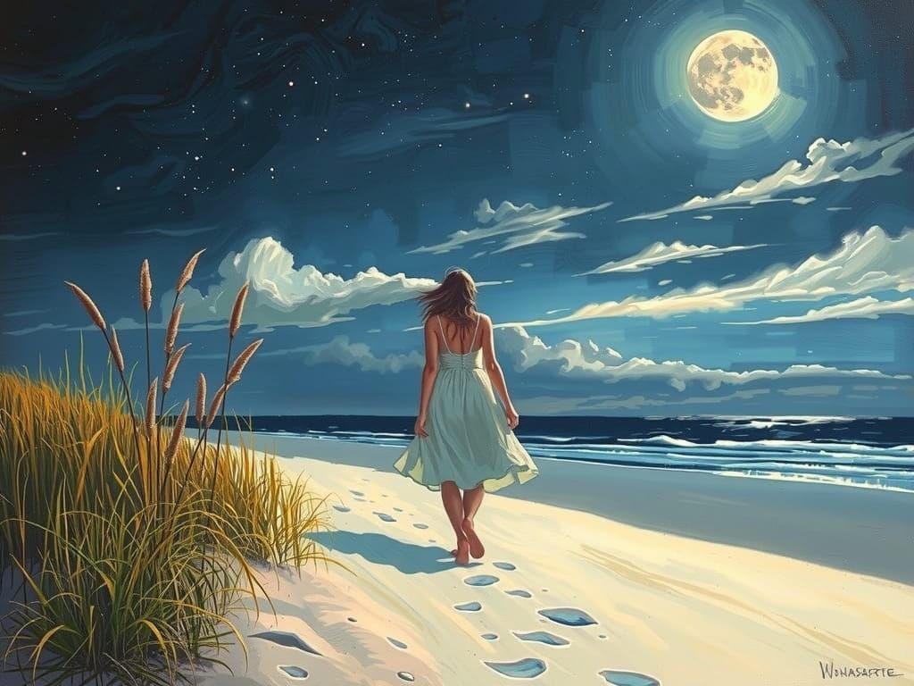 Moonlit Beach Walk in Neo-Impressionist Style