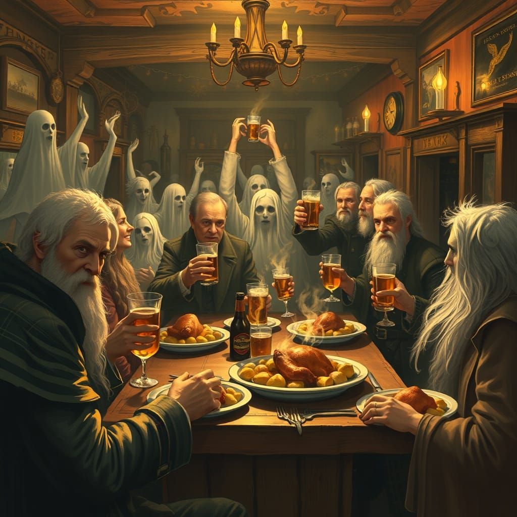 Hogmanay Celebration: Living and Ghosts Toast in a Tavern