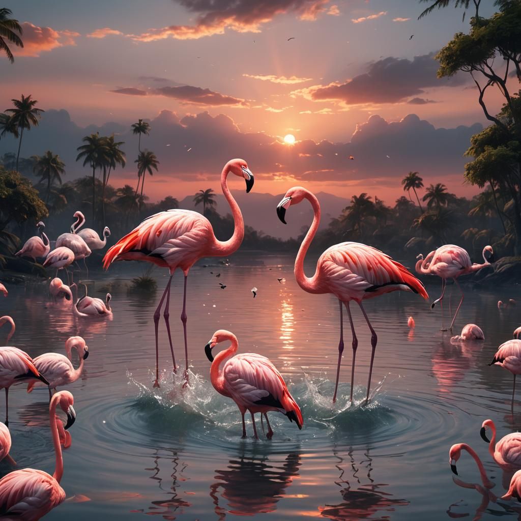 Flamingo Heart Sunset: Fantastical Artstation Painting